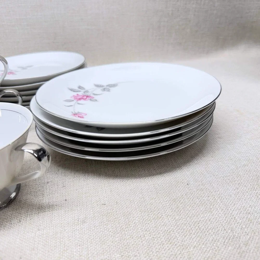 Lennold Fine China Enchanted Rose 1583 Japan Dinnerware Set Pink Floral Silver